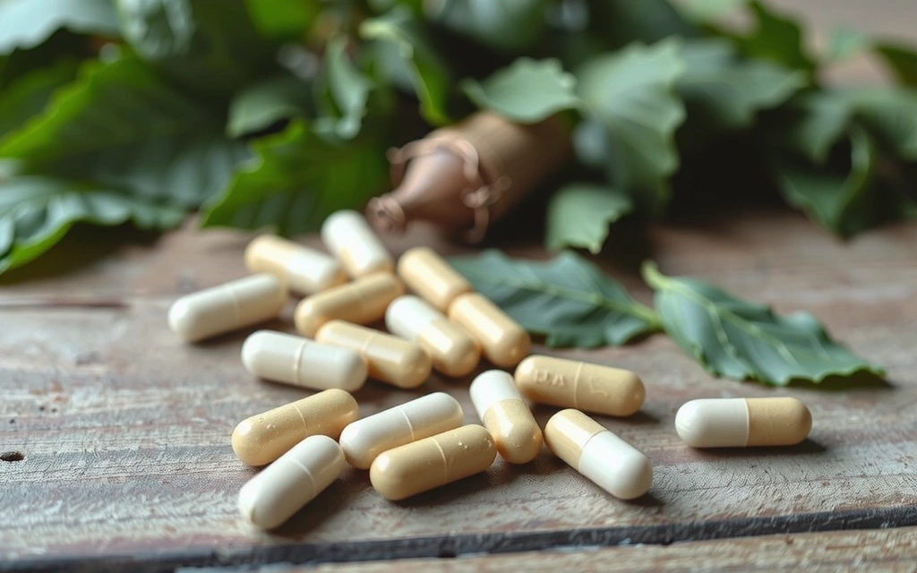 Des gélules de compléments alimentaires disposées harmonieusement sur une surface en bois, avec des herbes médicinales en arrière-plan.