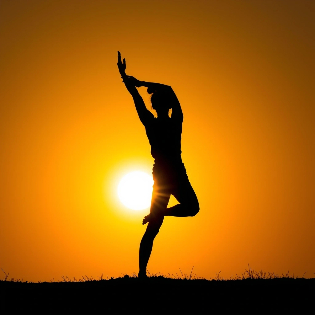 Personne faisant du yoga au lever du soleil, symbolisant l'activité physique et la sérénité