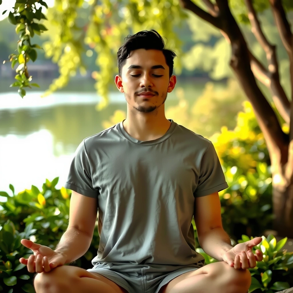 Personne méditant calmement dans un environnement paisible, symbolisant la gestion du stress